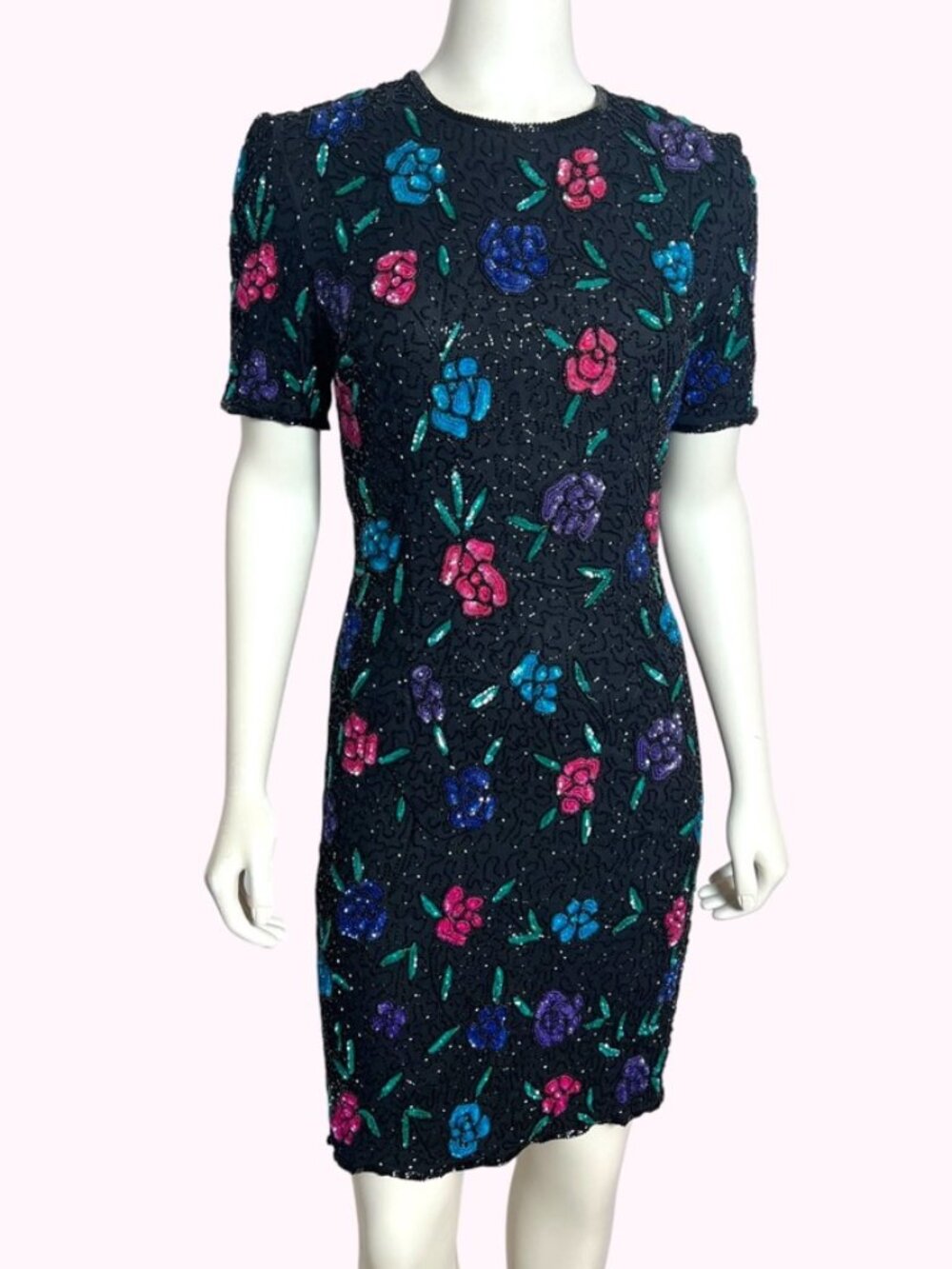 Vintage 1980s 90s Leslie Fay Evenings Beaded Silk Floral Cocktail Dress